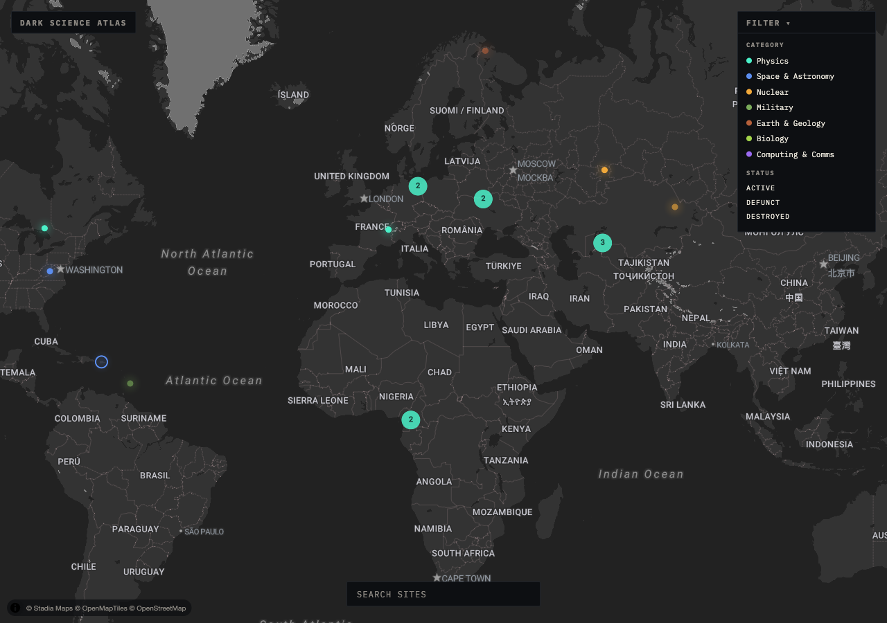 The Dark Science Atlas homepage: a dark world map dotted with markers for scientific sites.